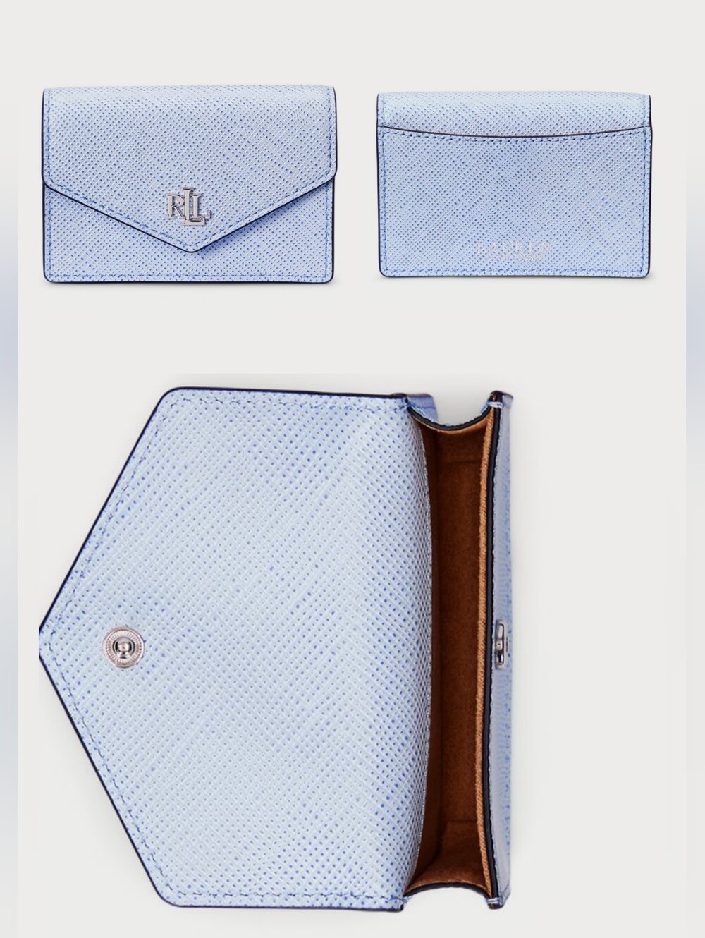 Small Lauren Ralph Lauren Crosshatch Leather Flap Card Case Cornflower Blue